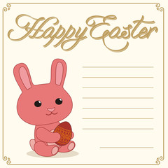Happy easter! Funny easter bunny sitting with easter egg in hands. Easter card. Handwritten text. Cartoon easter bunny.