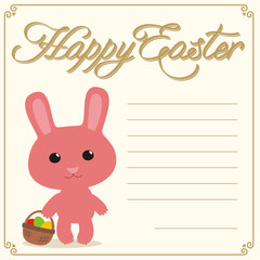 Happy easter! Cute easter bunny with basket easter egg in hand. Easter card. Handwritten text. Cartoon easter bunny.