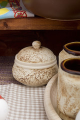 Pottery on a wooden tray