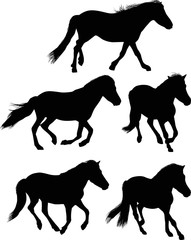five running black horses on white