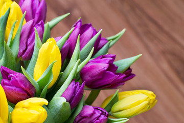 Purple and yellow tulip bouquet. More tulip on the grey backgrou