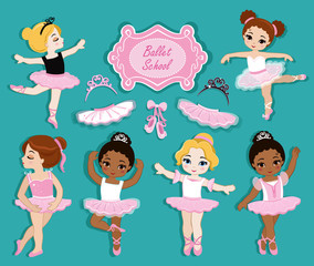 Vector illustration of cute little ballerinas.  Ballet Slippers. Clip art cute characters, pink tutus, ballet shoes. © sandybar