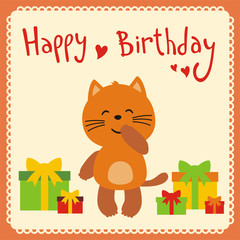 Fototapeta na wymiar Happy birthday! Cute smiling kitten with birthday gifts, handwritten text. Happy birthday card. Cartoon kitten.