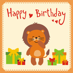 Happy birthday! Cute smiling lion with birthday gifts, handwritten text. Happy birthday card. Cartoon lion.