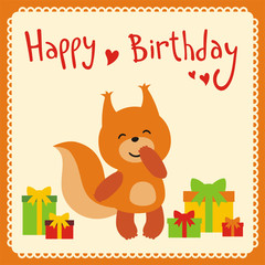 Happy birthday! Cute smiling squirrel with birthday gifts, handwritten text. Happy birthday card. Cartoon squirrel.