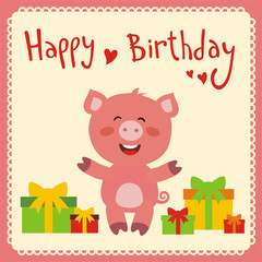 Fototapeta na wymiar Happy birthday! Funny little pig with birthday gifts, handwritten text. Happy birthday card. Cartoon pig.