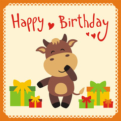 Happy birthday! Cute smiling cow with birthday gifts, handwritten text. Happy birthday card. Cartoon cow.