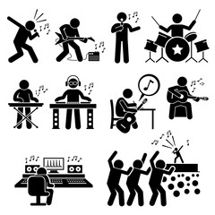 Naklejka premium Rock Star Musician Music Artist with Musical Instruments Stick Figure Pictogram Icons