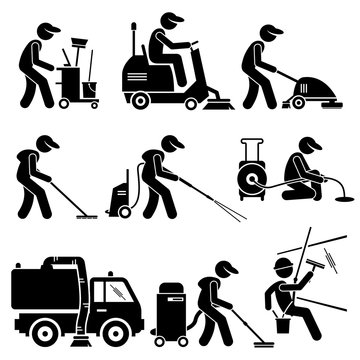 Industrial Cleaning Worker With Tools And Equipment Stick Figure Pictogram Icons