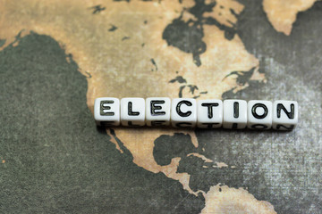 White blocks with the text, ELECTION, on world map