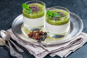 Fruit dessert green panna cotta