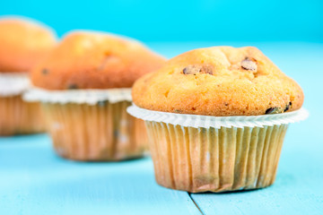 Chocolate Chip Muffins On Blue Table