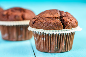 Chocolate Chip Muffins On Blue Table