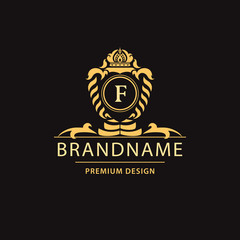 Luxury Vintage logo. Business sign, label, Letter emblem F for badge, crest, Restaurant, Royalty, Boutique brand, Hotel, Heraldic, Jewelery, Fashion, Real estate, Resort, tattoo, Auctions. Vector