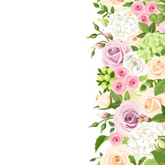 Vector vertical seamless background with pink, orange, purple and white roses, lisianthuses and hydrangea flowers and green leaves. 
