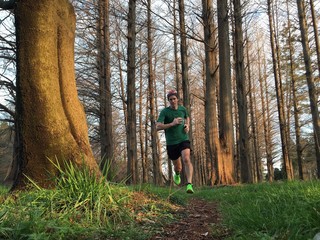 Obraz premium Healthy male running on a woodland path