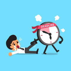 Cartoon deadline clock character dragging businessman