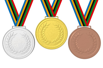 Medaglie Podio 001
Medaglie olimpiche: Oro, Argento e Bronzo con nastro con i colori olimpici.