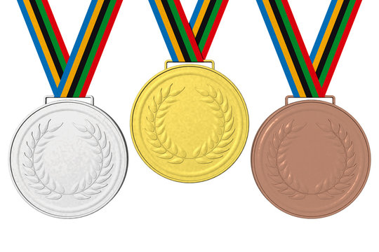 Medaglie Podio 001
Medaglie olimpiche: Oro, Argento e Bronzo con nastro con i colori olimpici.