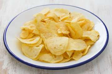 potato chips on white plate on white wooden background