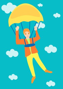 Cartoon man flies to parachute in the sky . Vector illustration