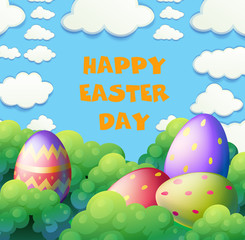 Happy Easter poster with eggs in the garden