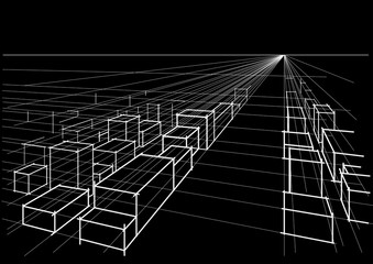 abstract linear architectural sketch city landscape perspective on black background