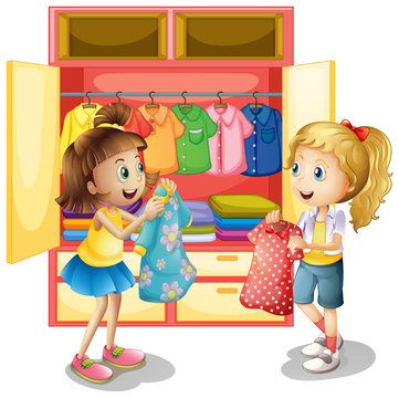 Two Girls Picking Out Clothes From Closet