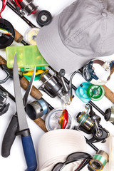 fishing tackles, equipment and caps