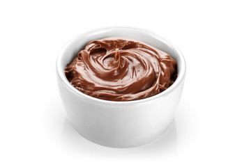 Bowl with chocolate butter isolated on white background.