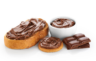 Toast and bowl with chocolate butter isolated on white backgroun