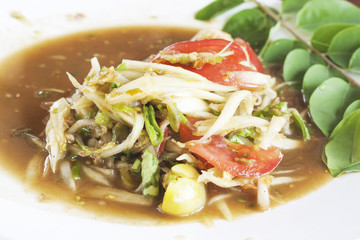 closed up som tum, thai spicy papaya salad