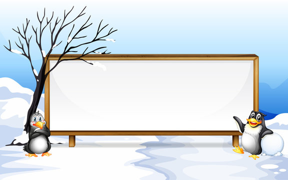 Frame design with penguin on snow