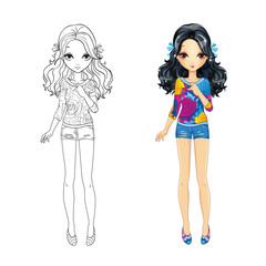 Coloring Book Of Brunette Cute Girl