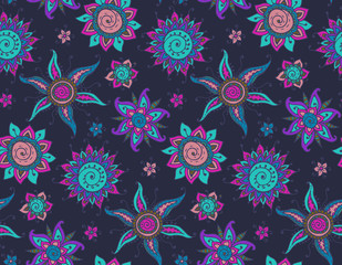 Vector seamless pattern with traditional indian sun and floral o