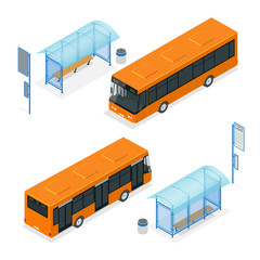 Isometric icon - bus stop and bus. Flat 3d vector illustration of a bus and bus stop. Isometric icon - bus stop.  Public transportation with bus and bus stop. © Golden Sikorka