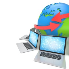 Laptop network around earth globe. 3d render