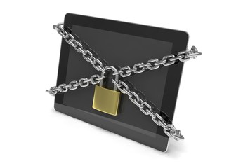 tablet PC with chains and lock isolated on white background