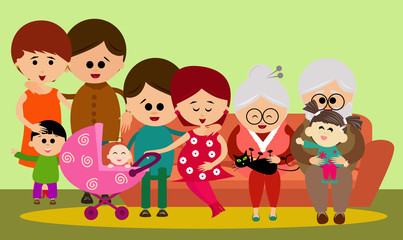 Illustration of an adorable big family on the couch.