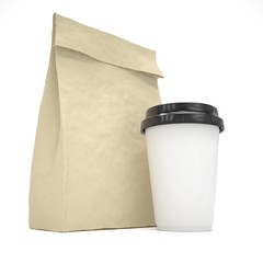 Coffee to go and lunch bag, on white.