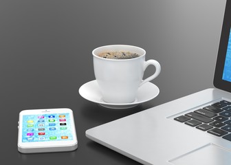 Laptop smartphone and coffee cup