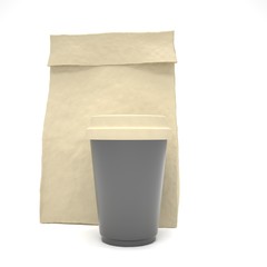Coffee to go and lunch bag, on white.