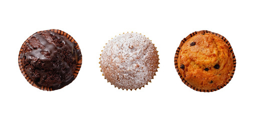 Three cupcakes on a white background .View from above.