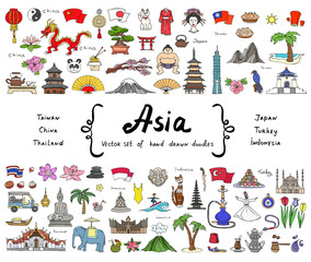 Vector set with hand drawn colored doodles on the theme of Asian - 106007248