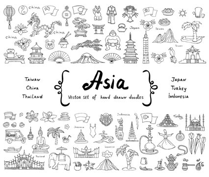 Vector set with hand drawn isolated doodles on the theme of Asia