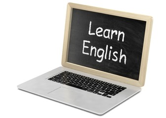  Laptop with chalkboard, learn english, online education concept