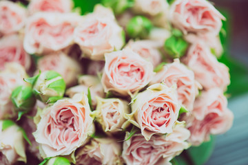 Wedding bouquet of flowers, close up floral background, mini pink roses