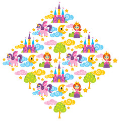 Illustration of princess, unicorn, tree, castle pattern