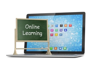  Laptop with chalkboard, online education concept