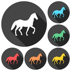 Horse silhouette icons set with long shadow